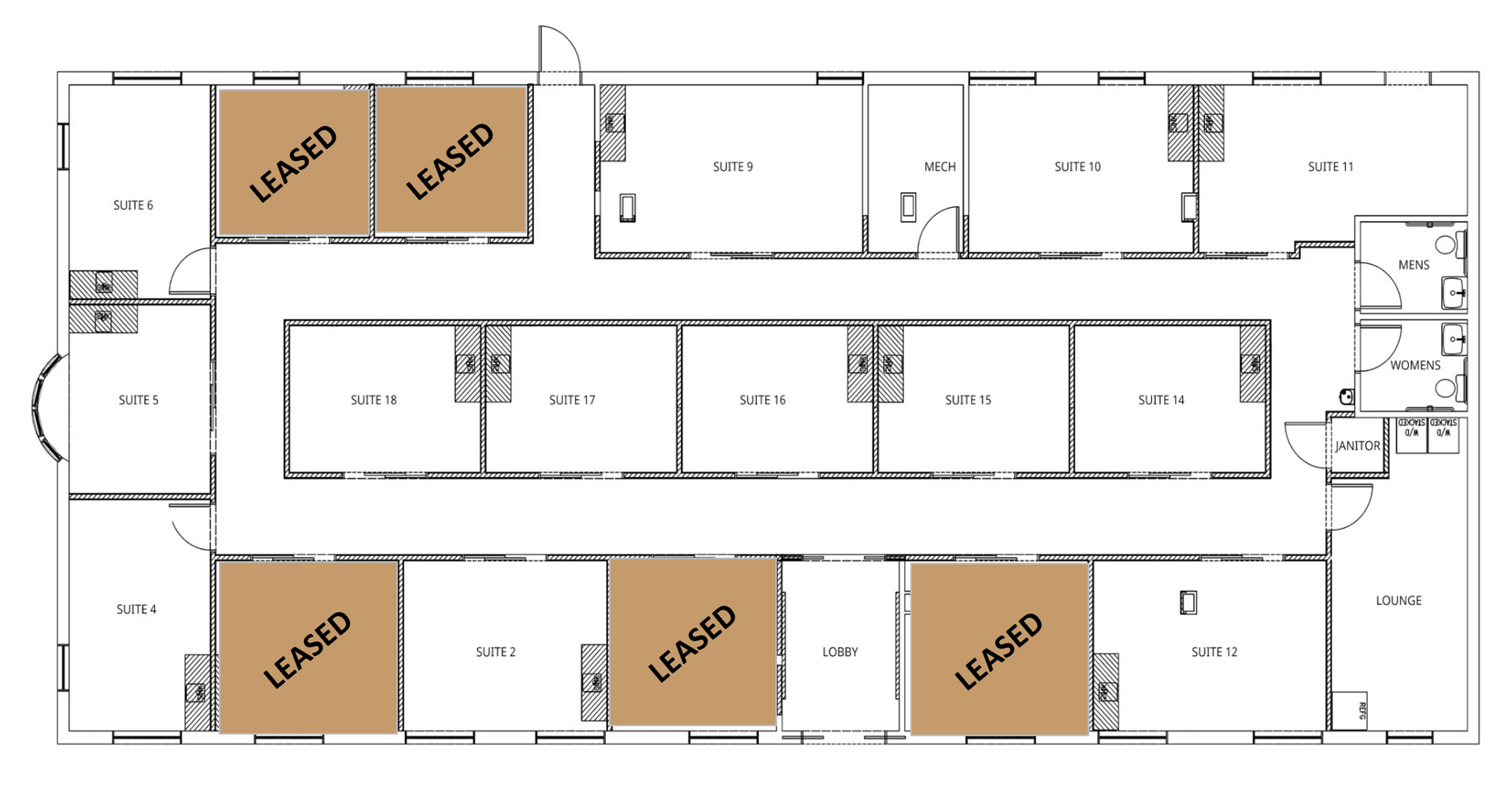 Floor plan of a building with several rooms. Three rooms labeled