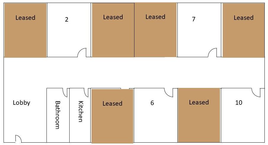 Various units are leased. Includes lobby, bathroom, and kitchen.