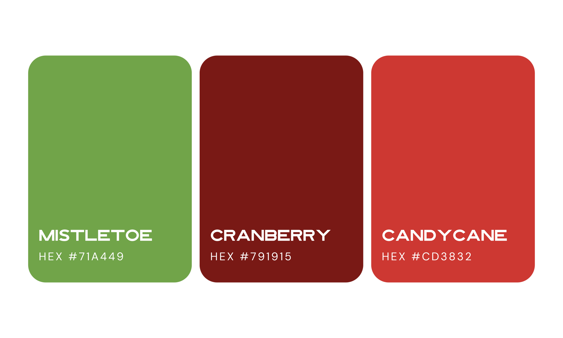 Color palette: Mistletoe green, cranberry red-brown, and candy cane red.