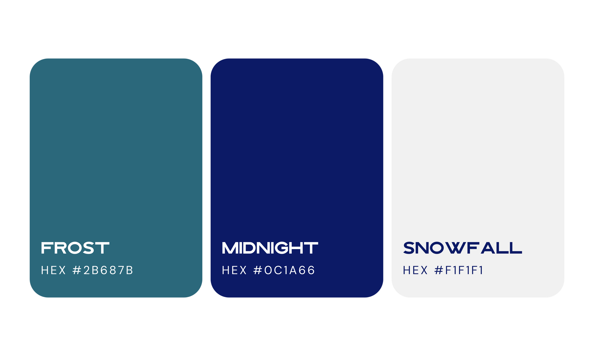 Color palette: Frost (teal), Midnight (dark blue), Snowfall (white).