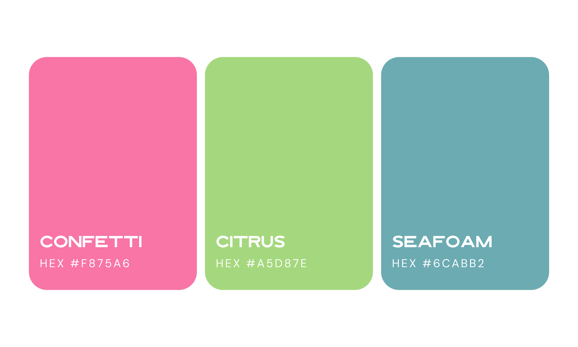 Three colour swatches: confetti pink, citrus green, and seafoam blue.
