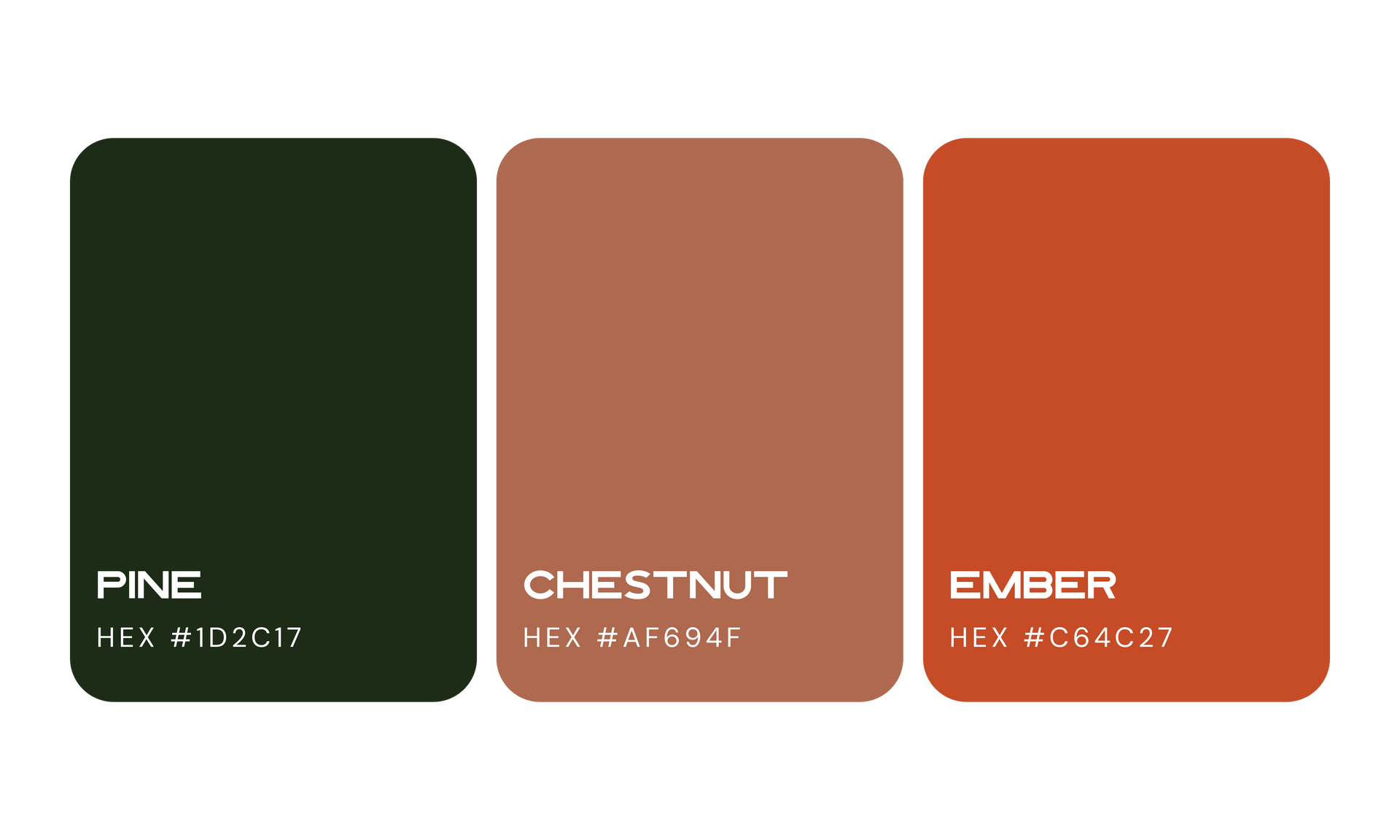 Color palette: Pine (dark green), Chestnut (brown), Ember (orange).