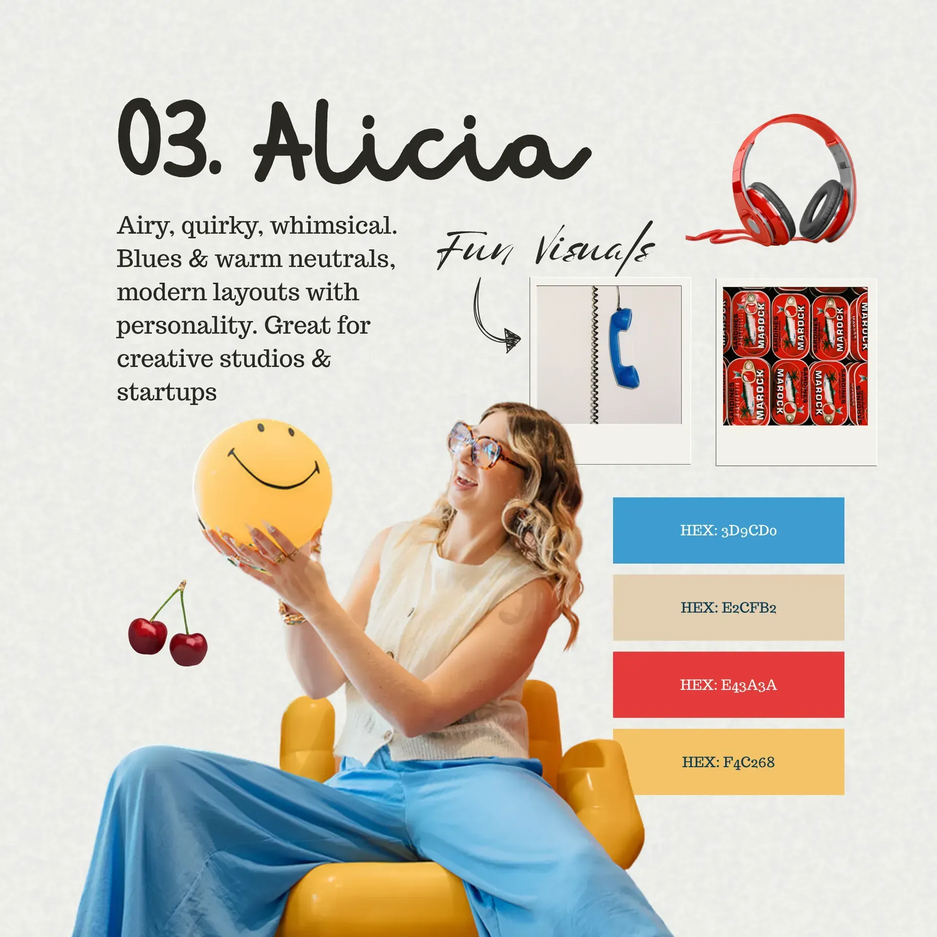 Woman holding a smiley face balloon, surrounded by quirky visuals, color palette, and text: 