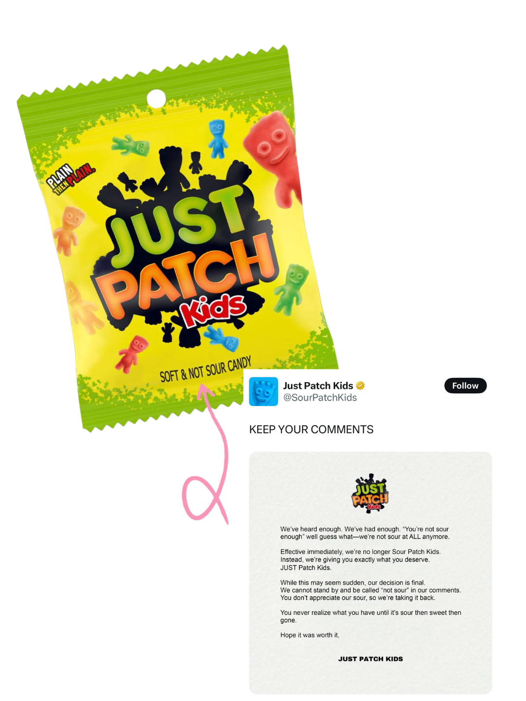 A package of Just Patch Kids gummy candy next to a social media post with a statement from the brand.