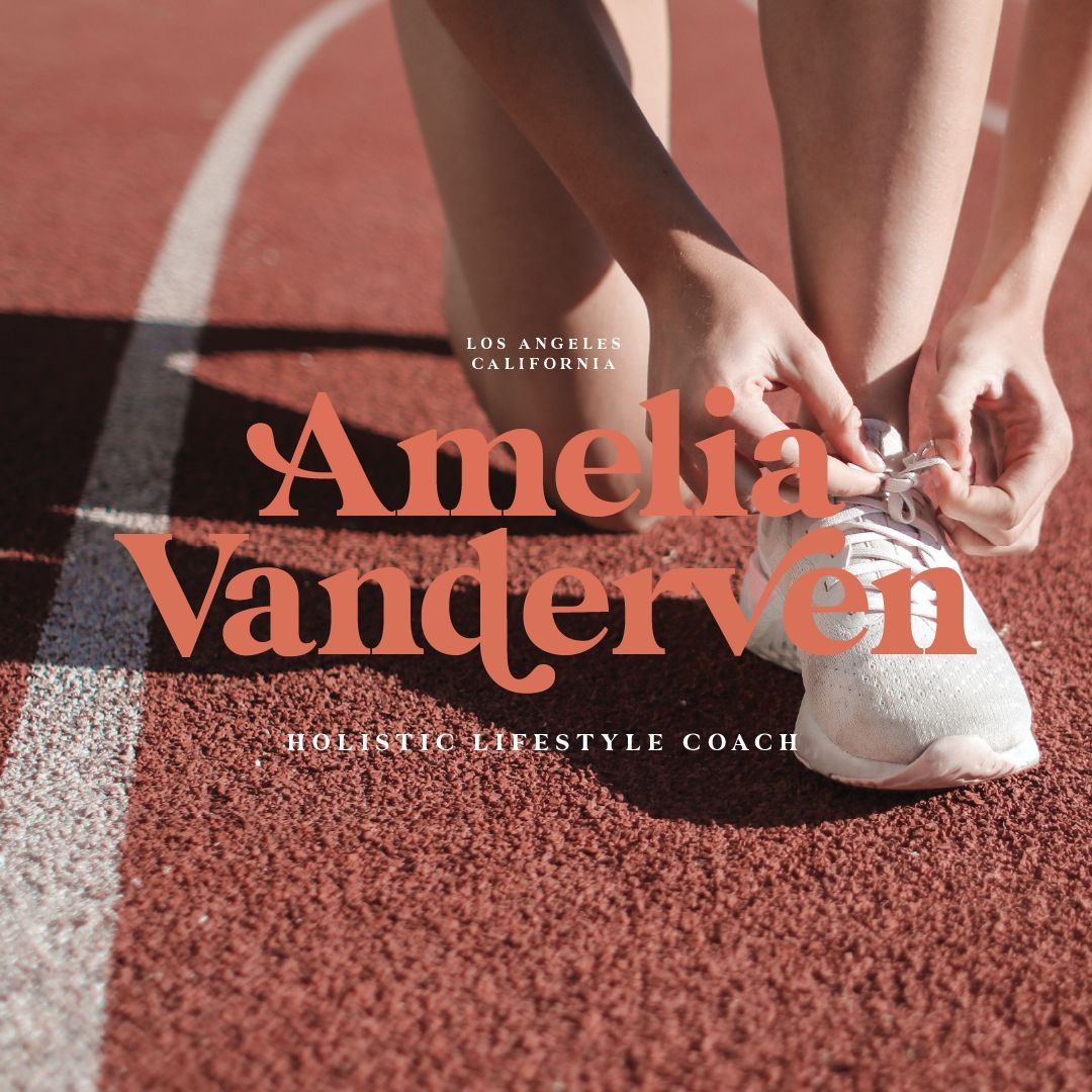 A woman tying her shoelaces on a track with the name amelia vanderven for a branding design template