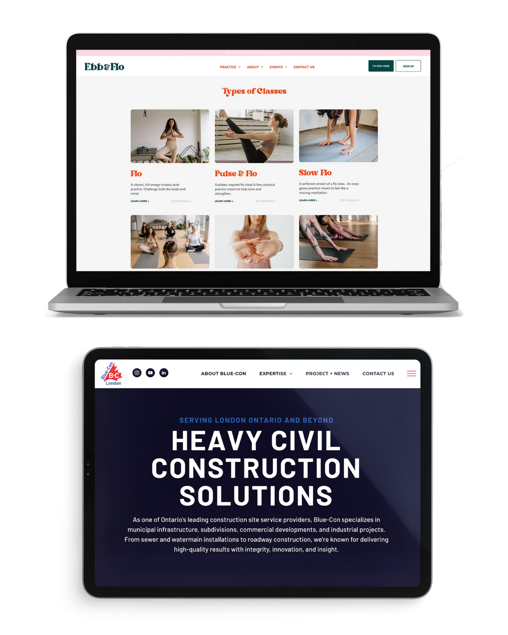 Laptop displaying a website with photos; tablet showing 