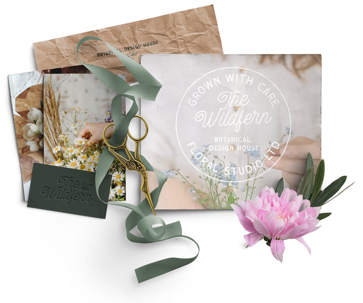 A pink flower is sitting on top of a card that says grown with care to show branding design examples
