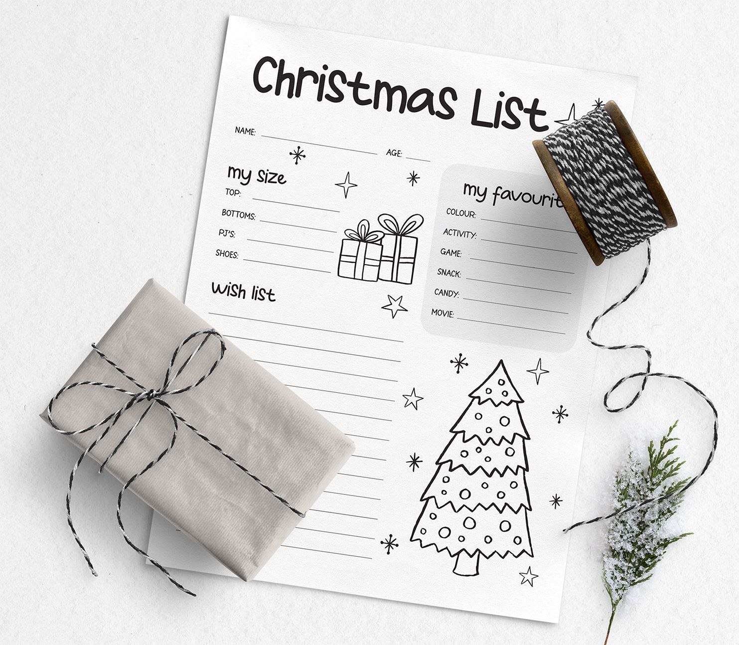 Free Printable Christmas List with gifts around it