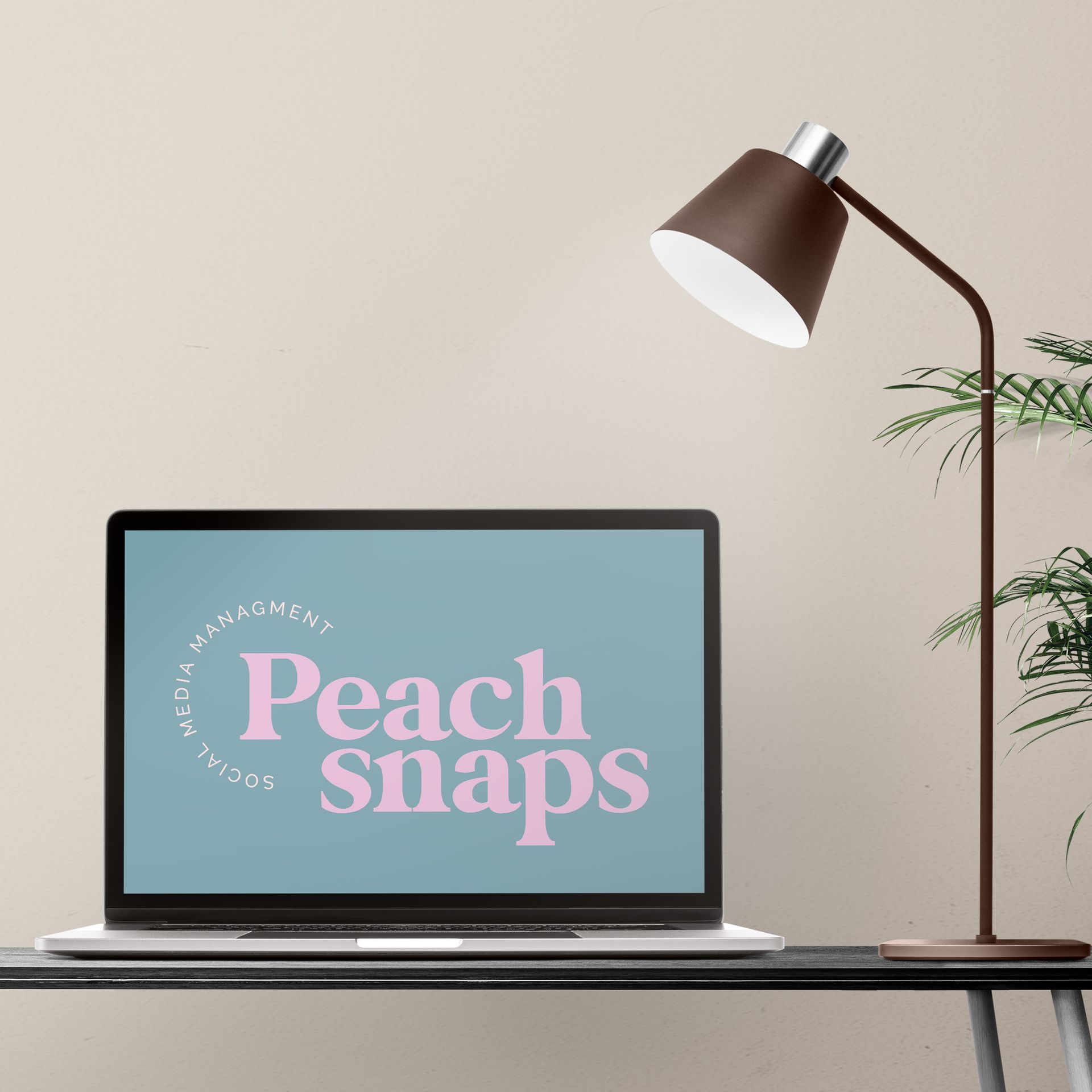 A laptop with the word peach snaps on the screen