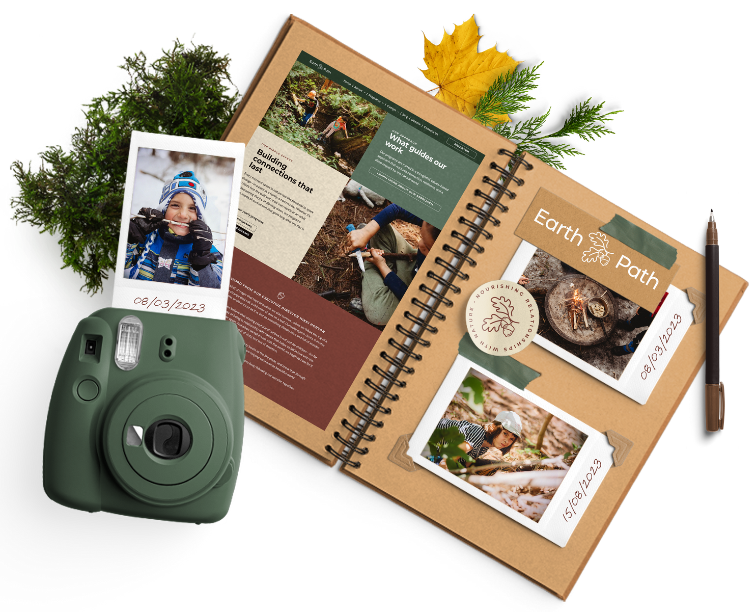 A green camera is sitting on top of a scrapbook that showcases nature-inspired education programs.