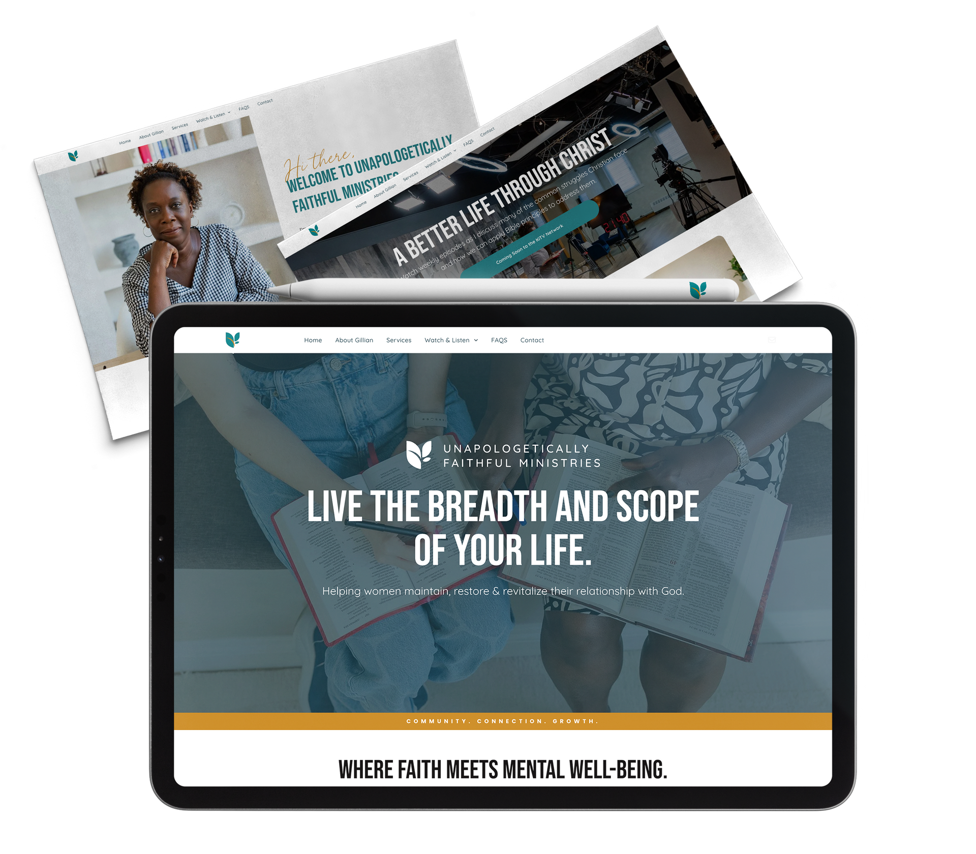An ipad, ipad penil, and two images of the Unapologetically Faithful website. 