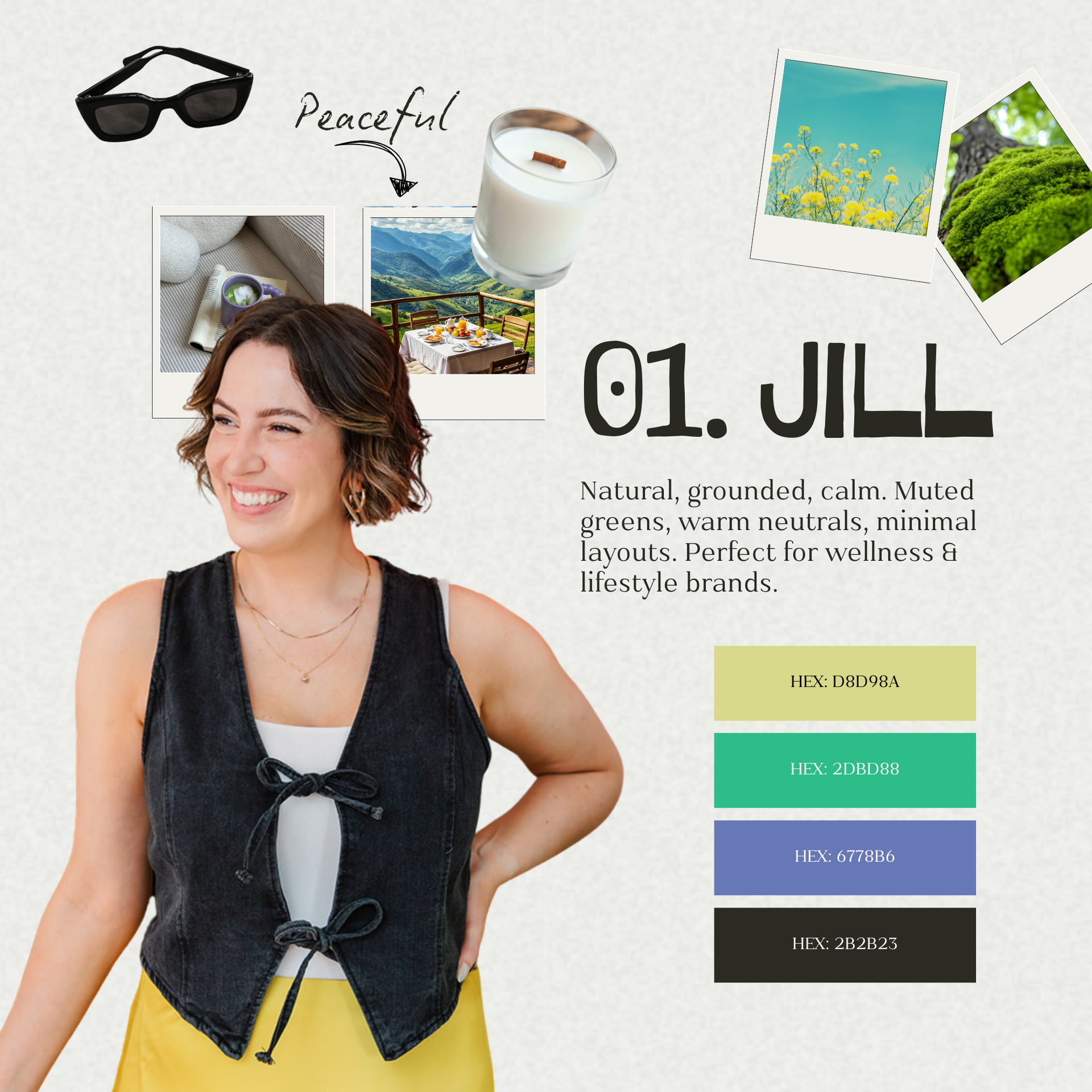 Woman with design board including a candle, sunglasses, photos, colour palette, and text: 