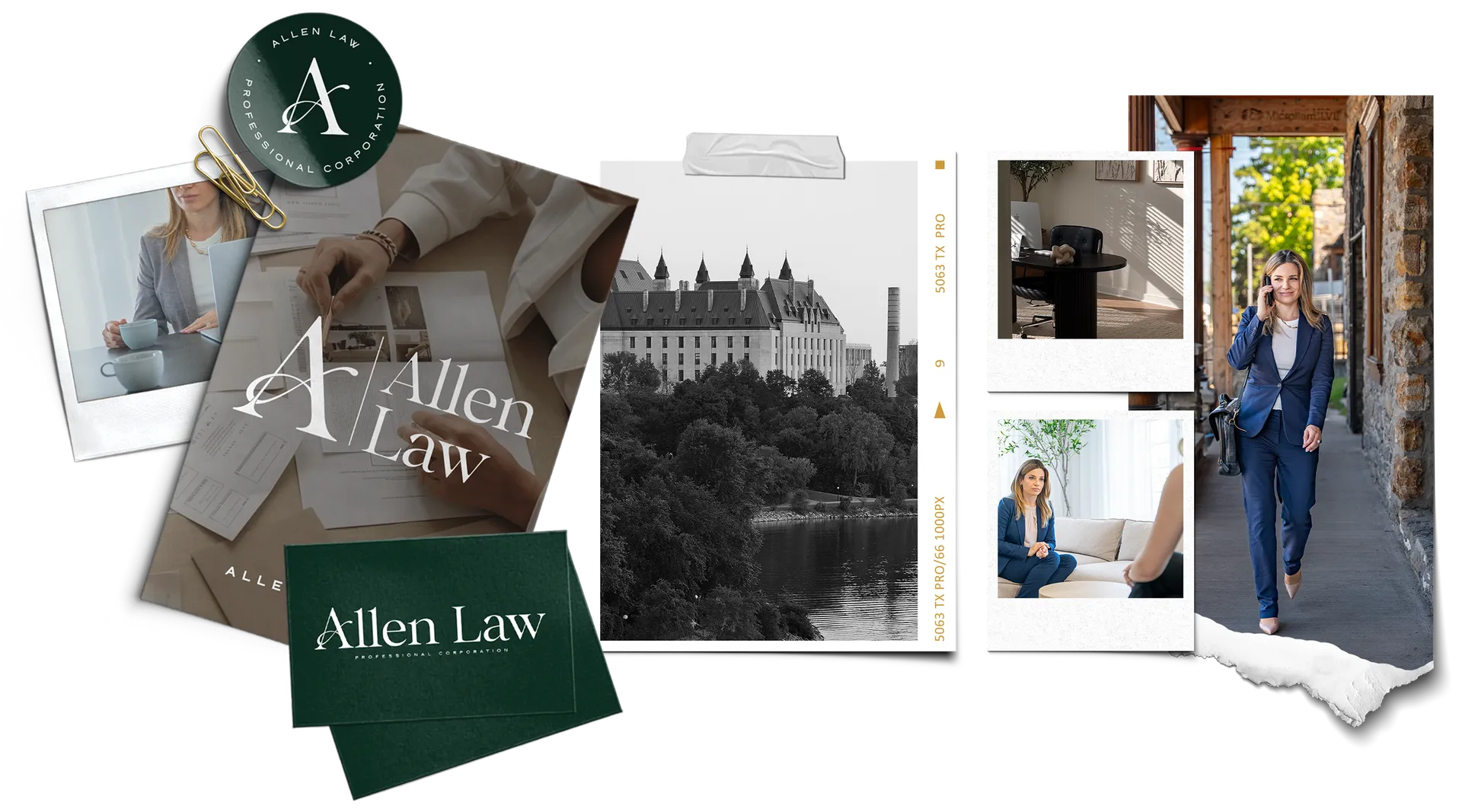 Allen Law PC brand mood board showing neutral palette, textures, and inspiration imagery created by Lume Creative.
