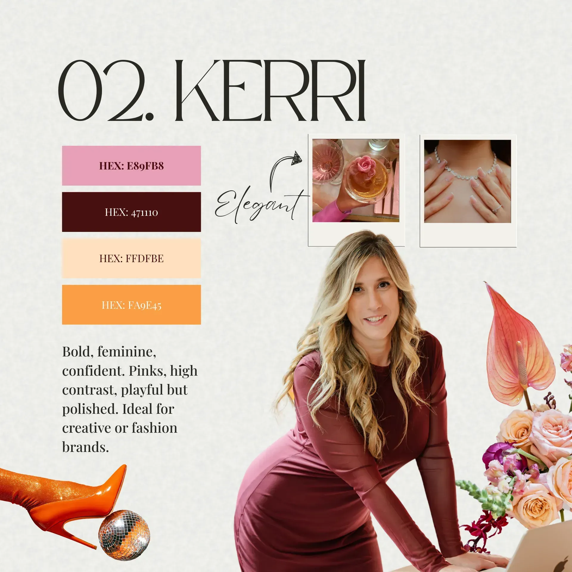 Color palette and woman in a burgundy dress with a creative style guide.