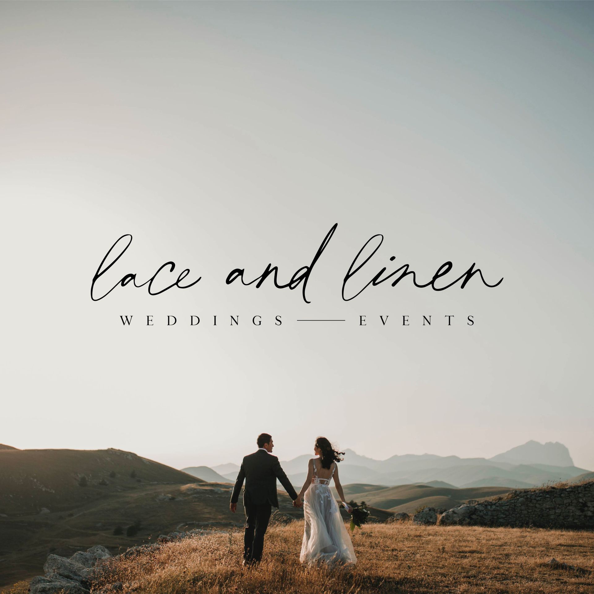 The logo for lace and linen weddings events shows a bride and groom walking in a field.