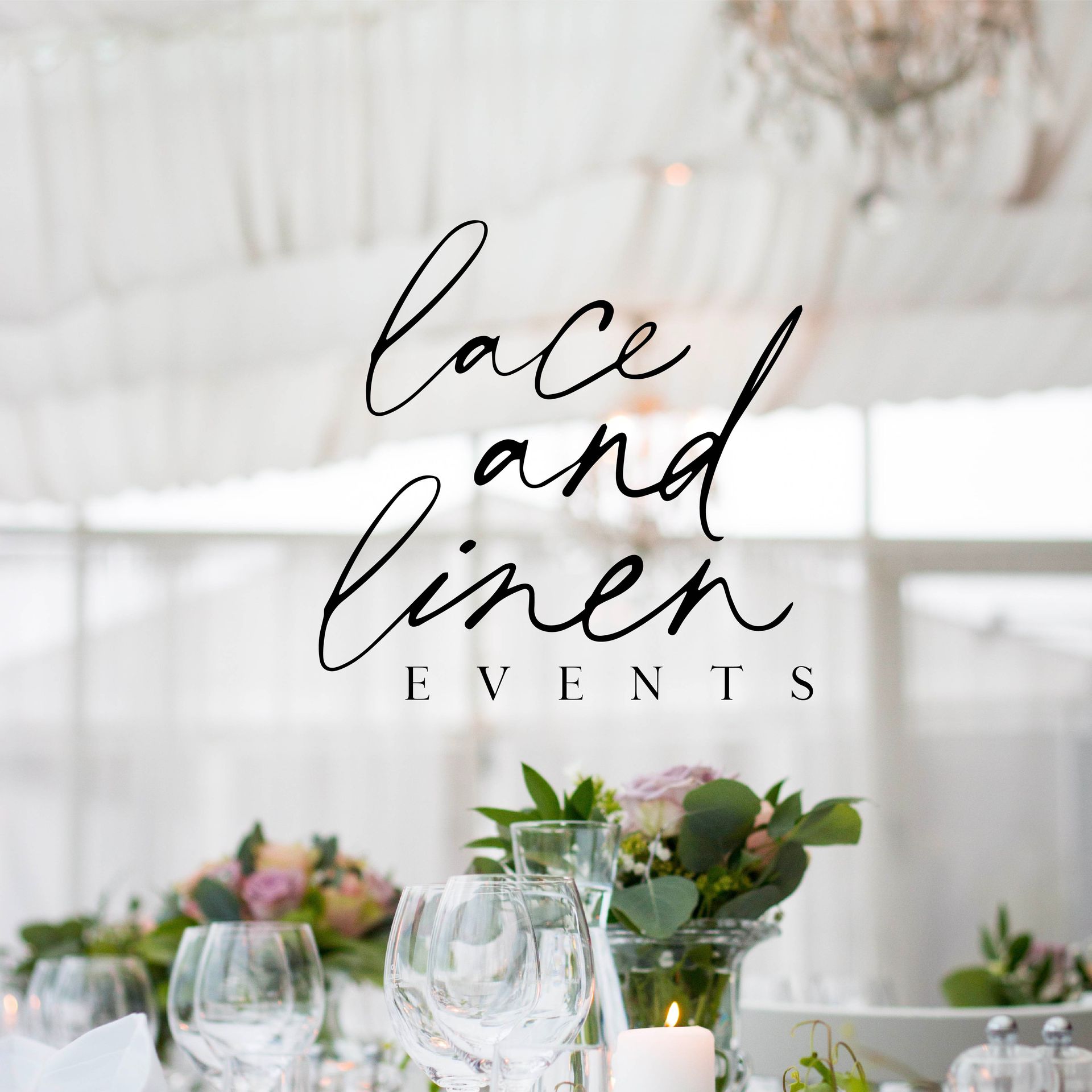 The logo for lace and linen events shows a table set for a wedding reception.