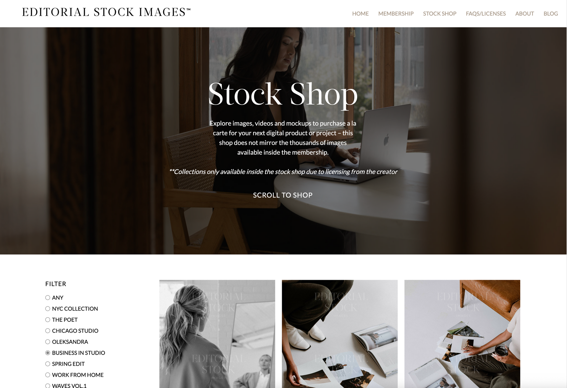 Website homepage featuring woman working on laptop in a shop with product images below.