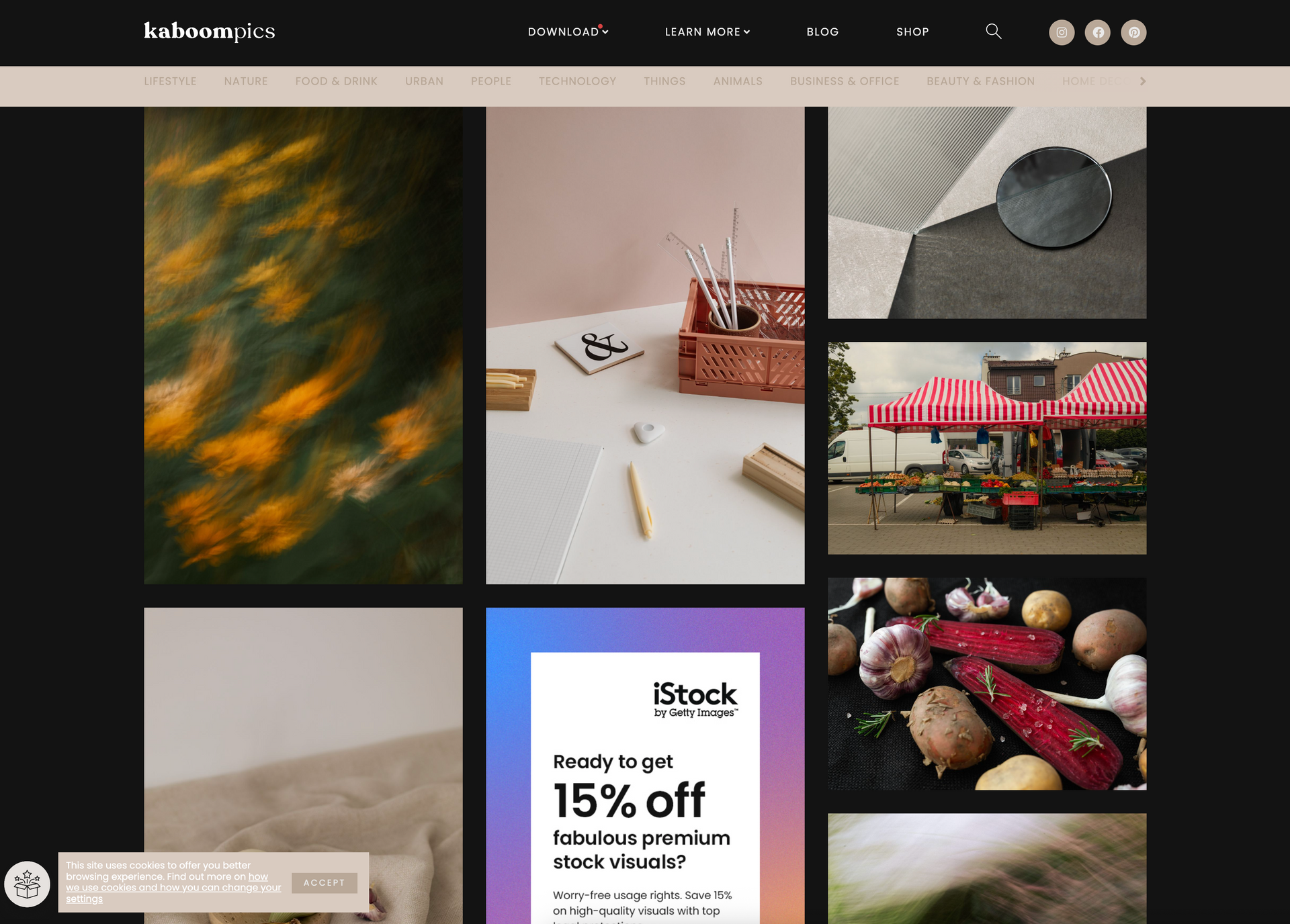 Grid of diverse images: nature scene, stationery on desk, abstract shapes, market stall, still life of food, promotional ad.