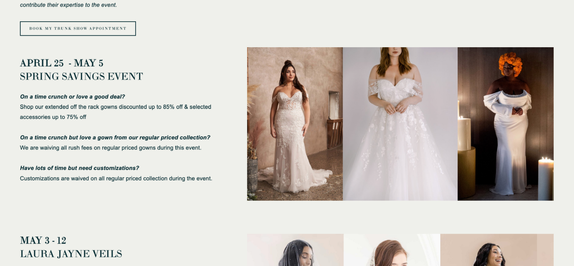 A collage of pictures of women in wedding dresses on a website.