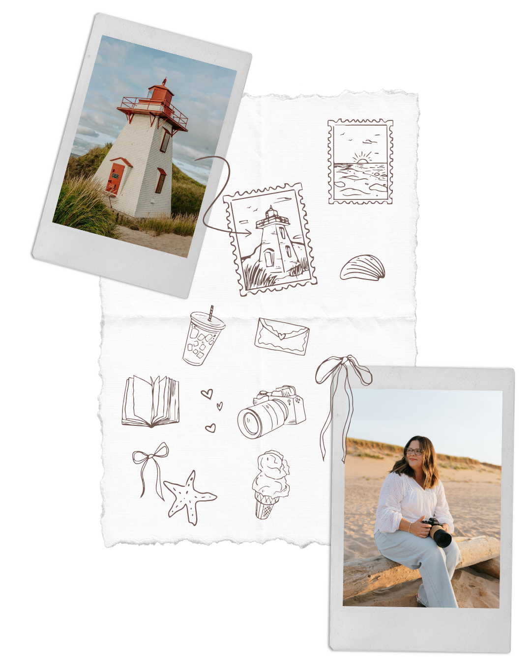 A collage with a lighthouse photo, a photo of a person holding a camera on a beach, and hand-drawn icons on torn paper.
