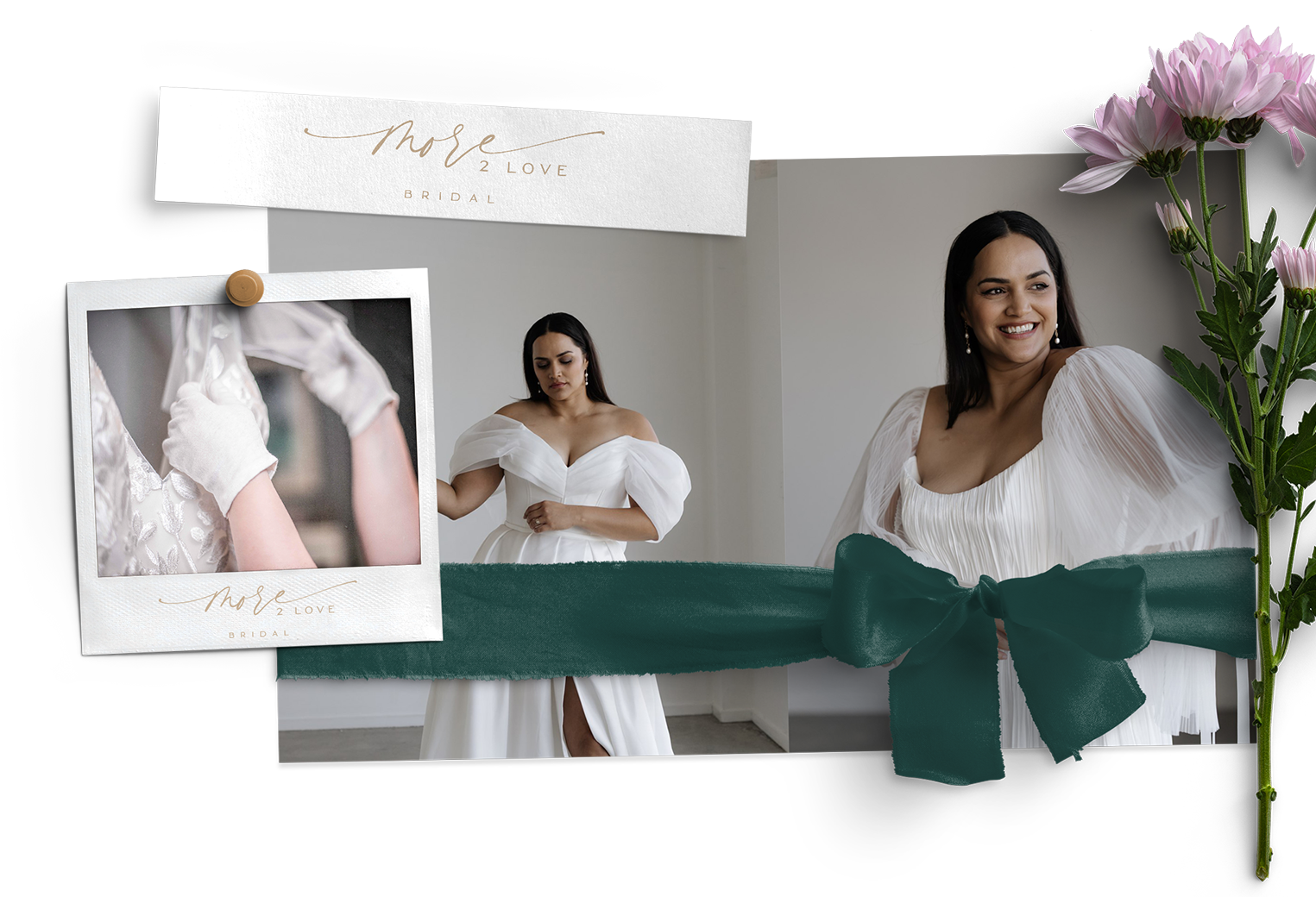 A woman in a wedding dress is wearing gloves and a green bow.