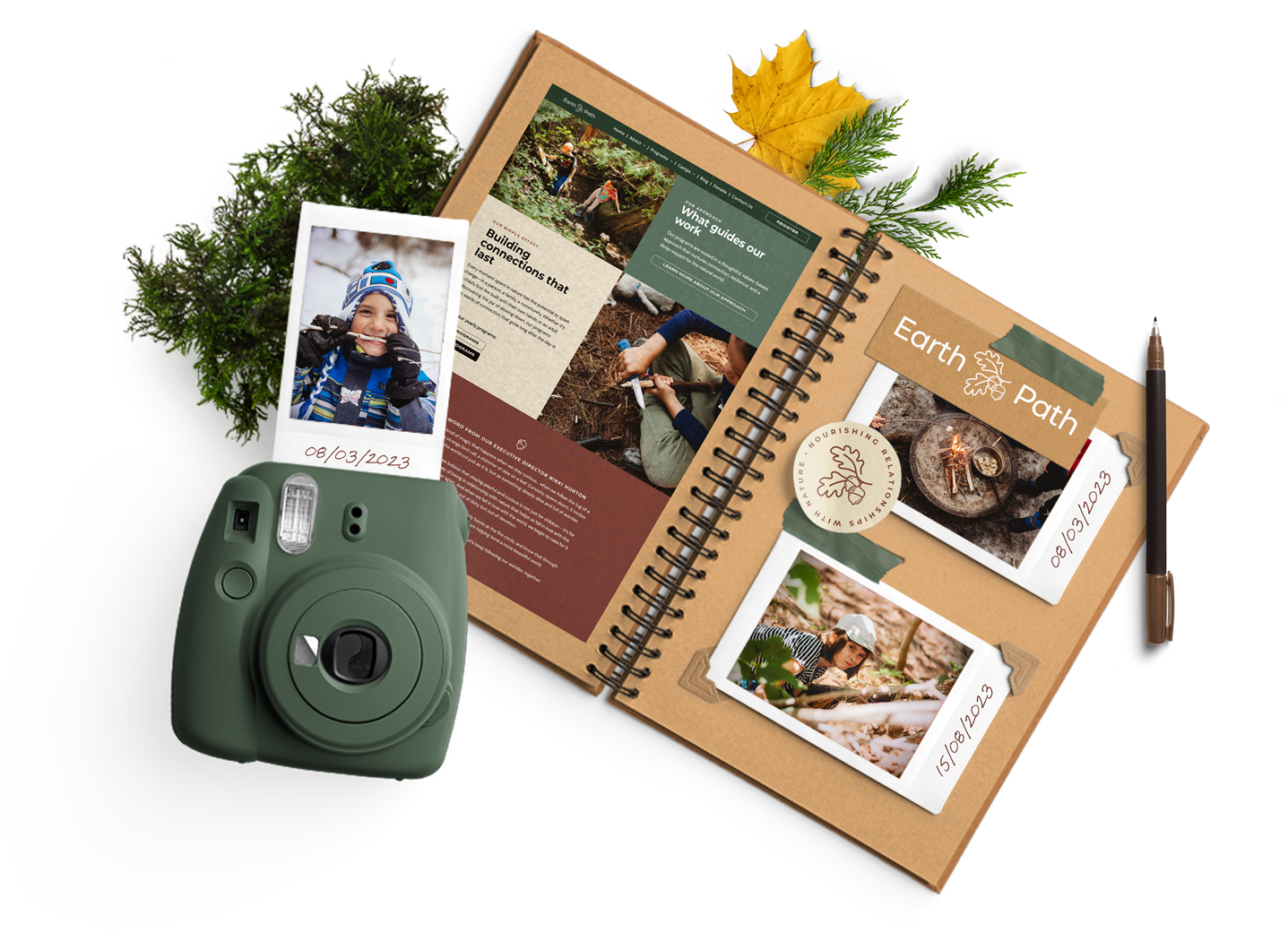A green camera is sitting on top of a spiral bound notebook.