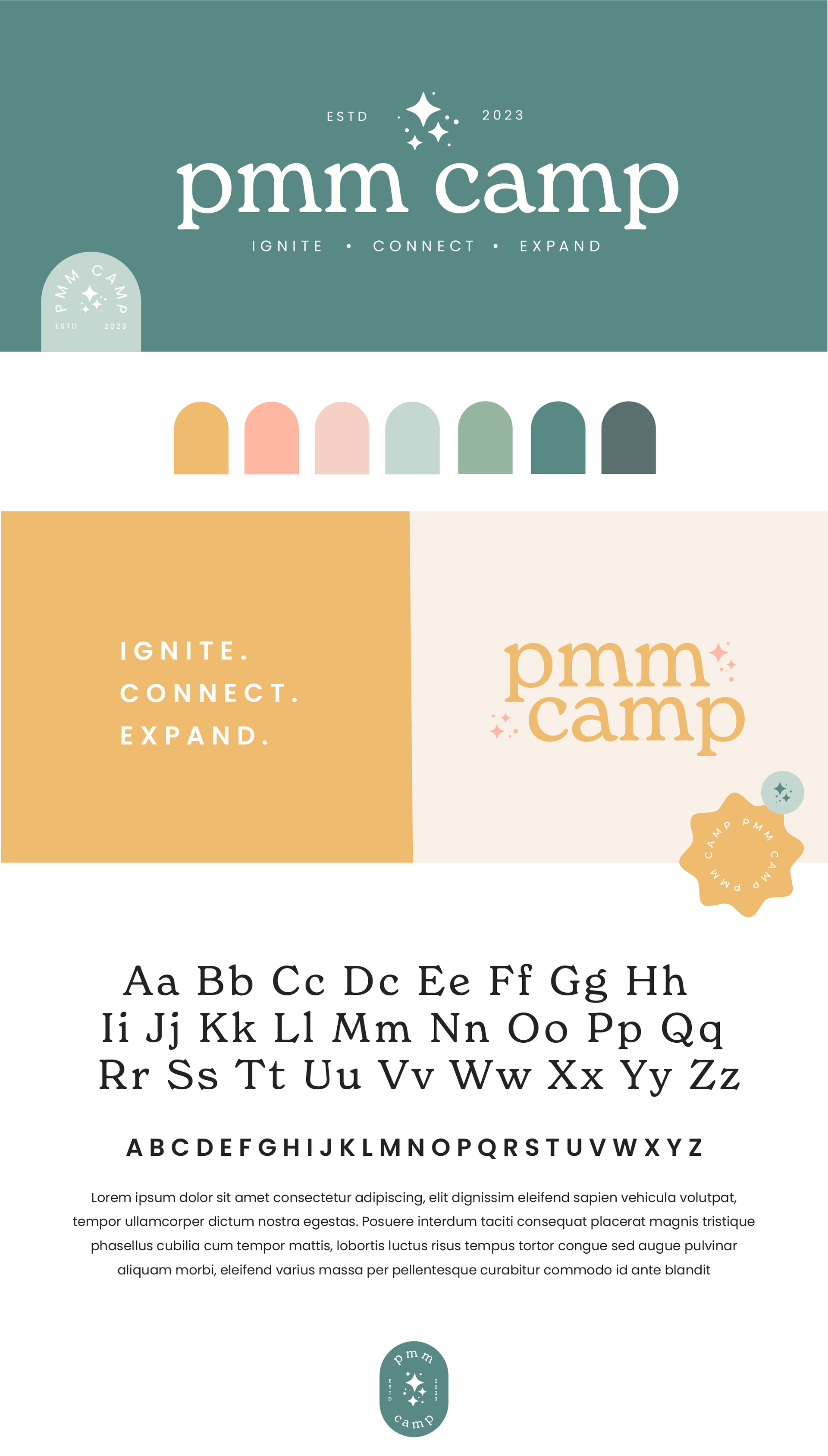 A graphic of a logo and alphabet for a company called pmm camp.