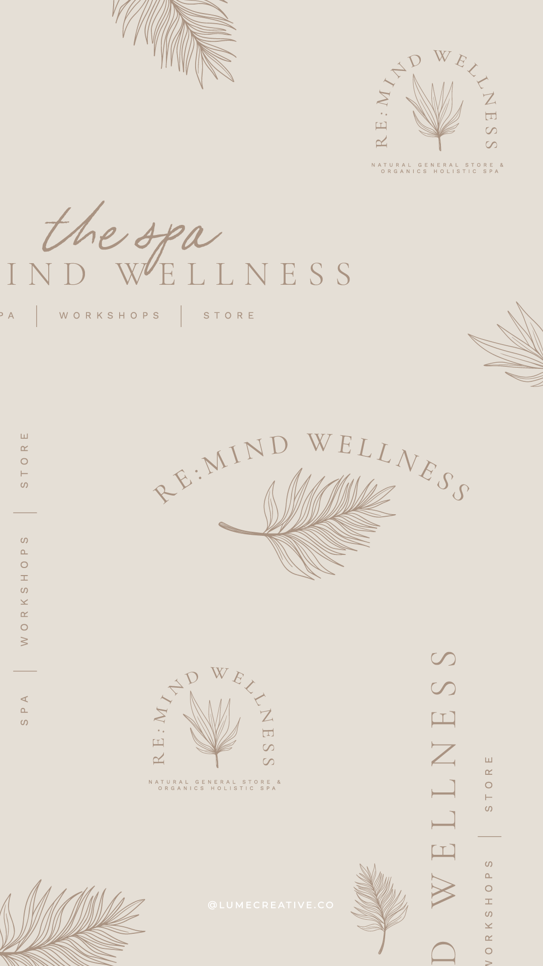 A seamless pattern of logos and leaves on a beige background.