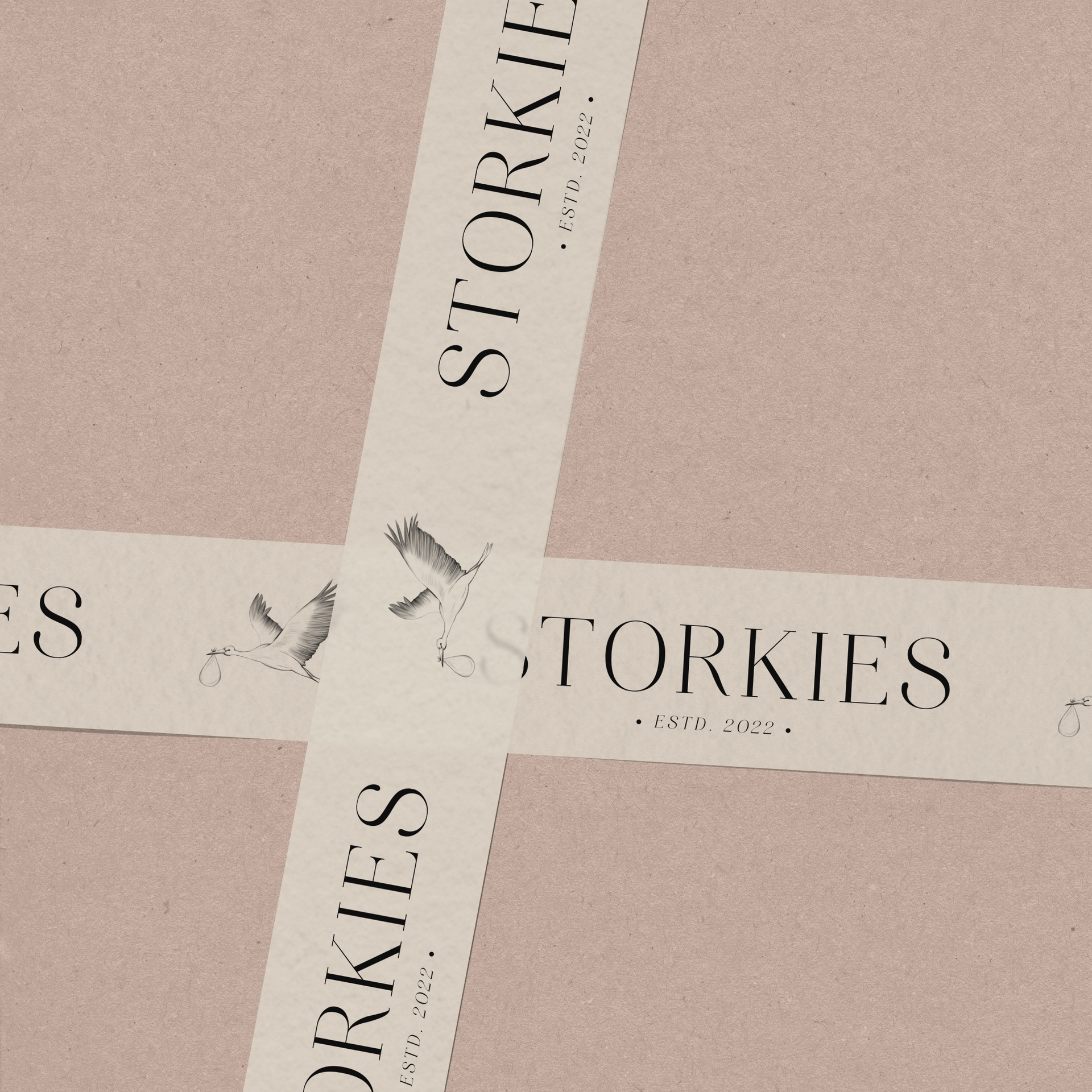 A white ribbon with storkies written on it