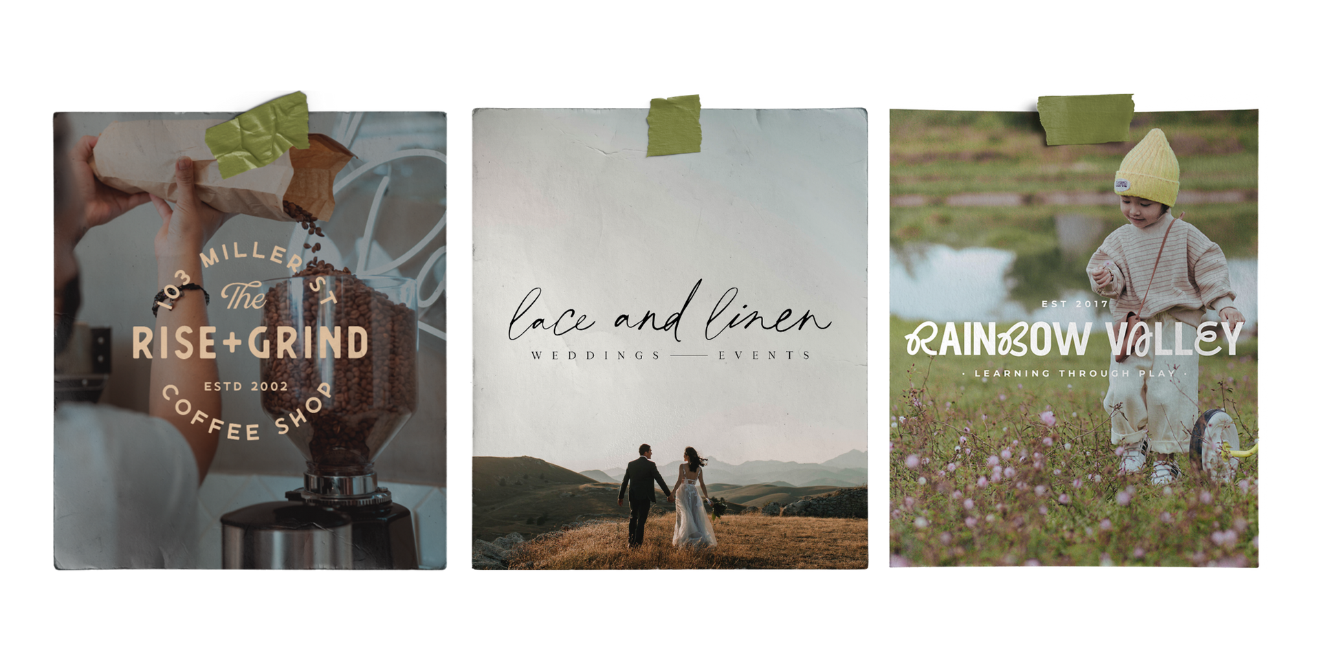 Three photos, each with a taped-on label. Coffee shop, couple walking outdoors, and child playing in a field.