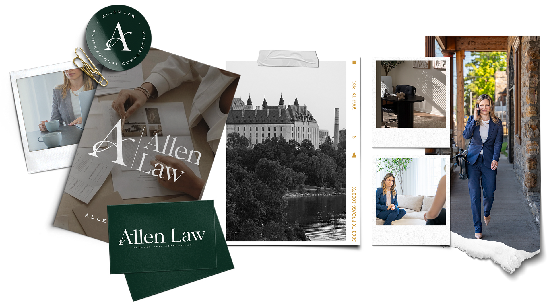 Allen Law PC brand mood board showing neutral palette, textures, and inspiration imagery created by Lume Creative.