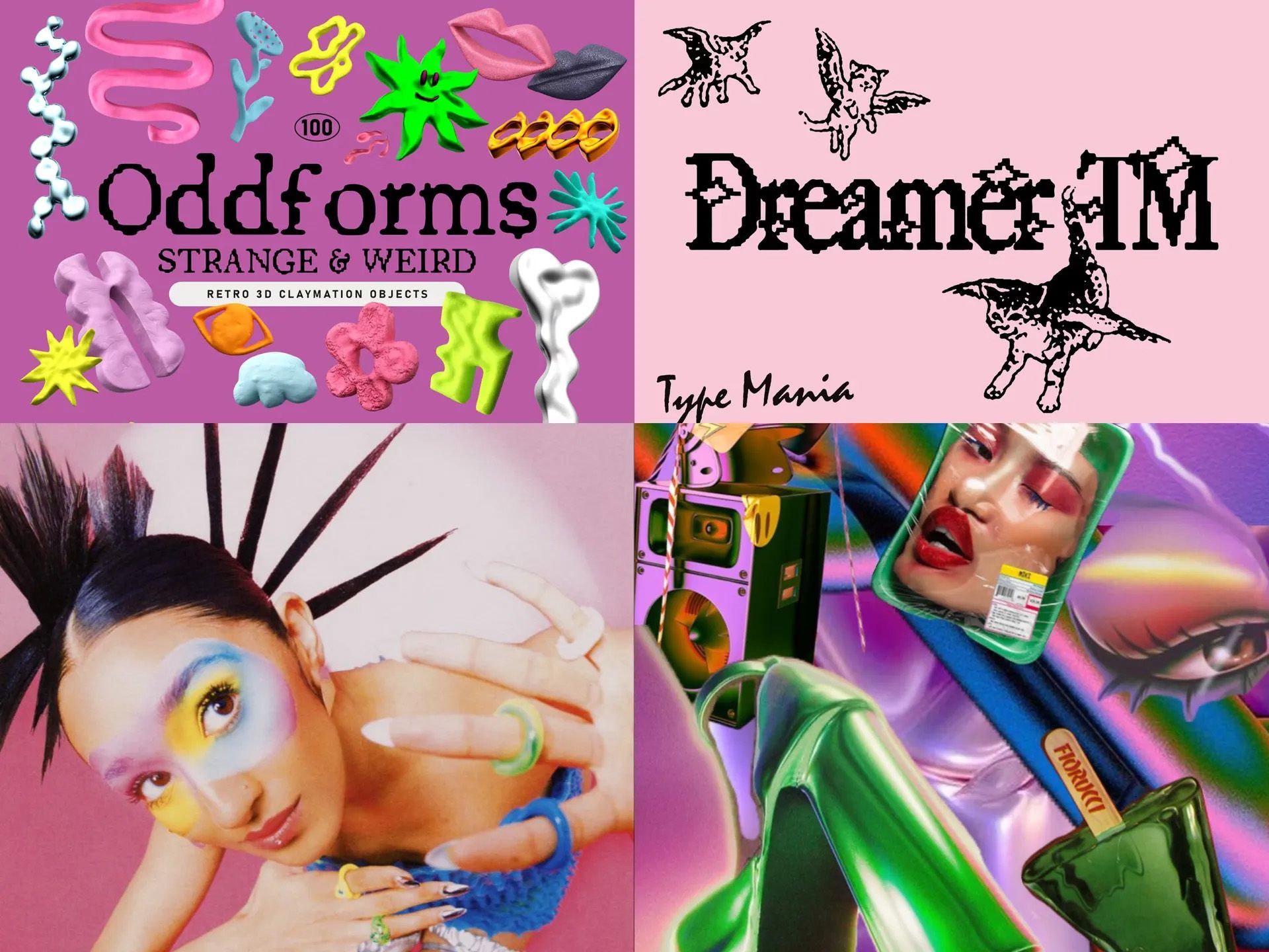 Four graphics with bright colors and unusual designs.