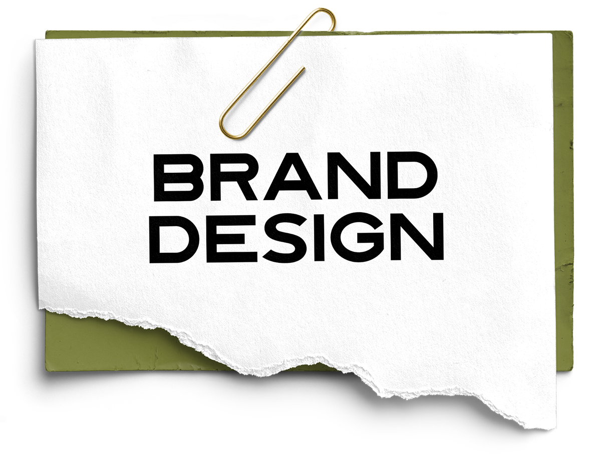 A piece of torn paper with the words brand design written on it