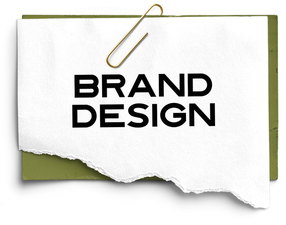 A piece of torn paper with the words brand design written on it