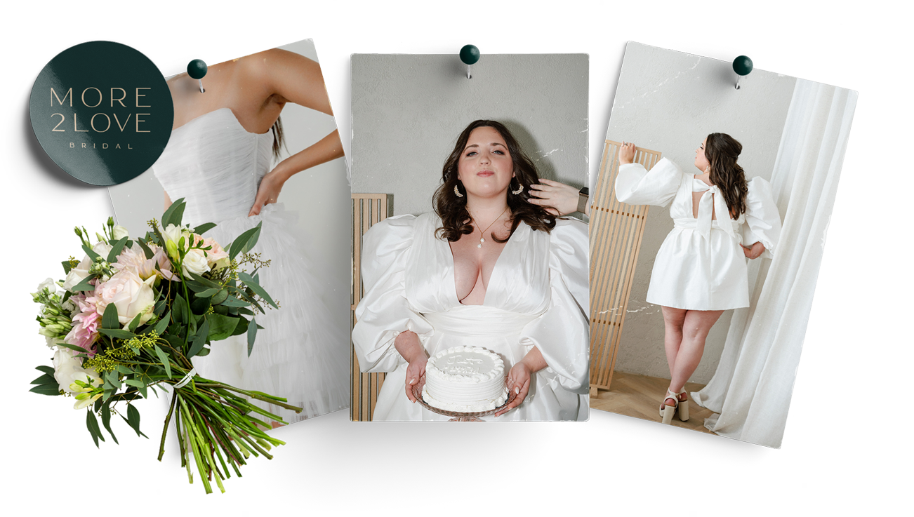 A woman in a white dress is holding a cake and a bouquet of flowers.