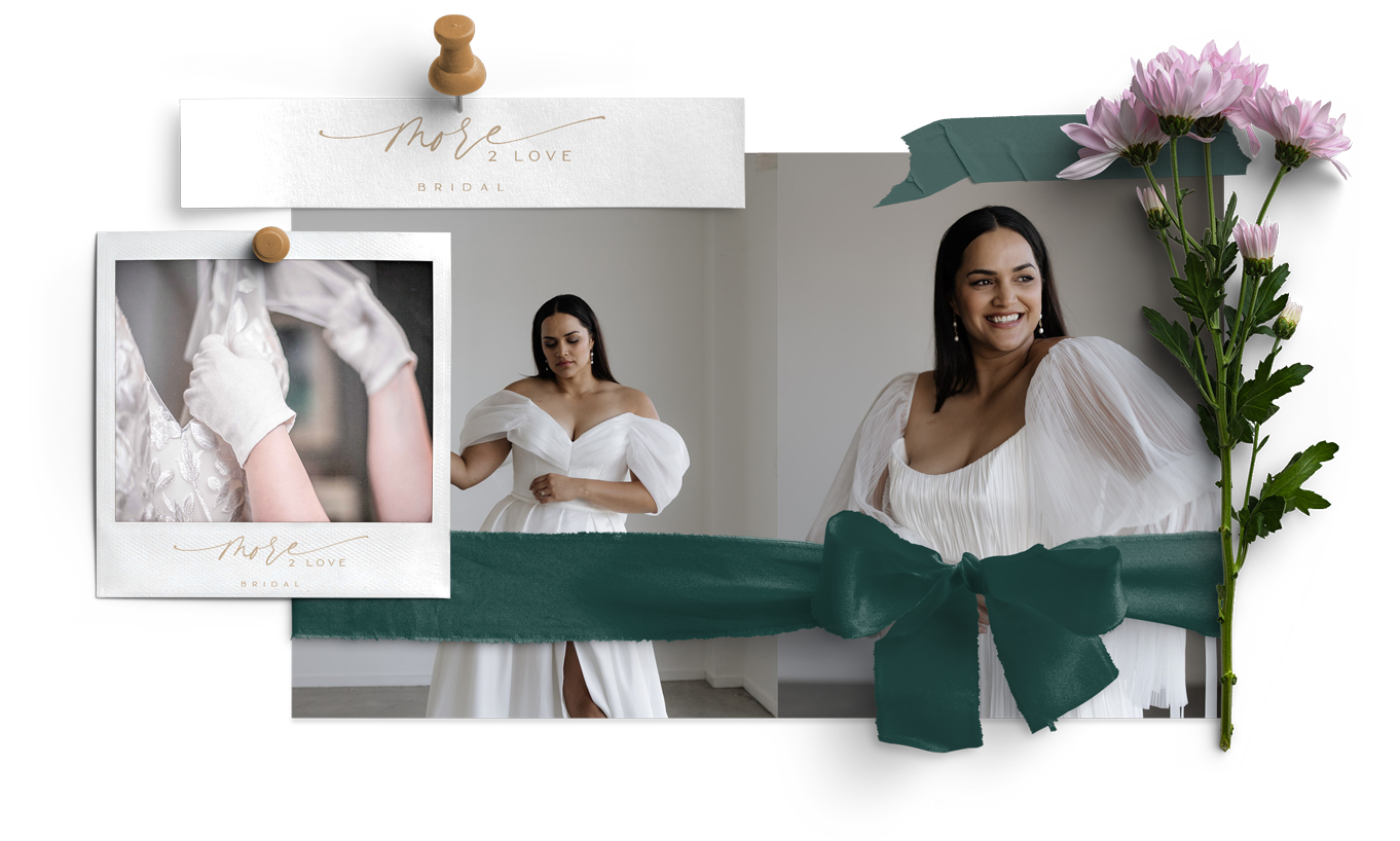 A woman in a wedding dress is wearing gloves and a green bow.