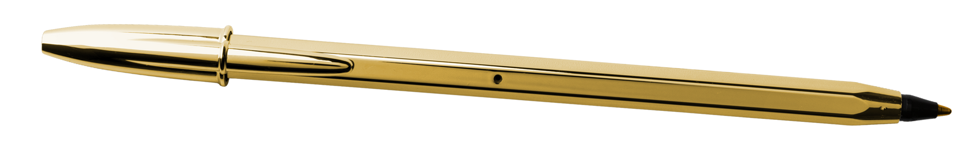 Gold-colored pen, angled, with a top that appears to open.