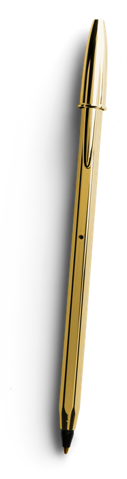 A gold pen is sitting on a white surface.