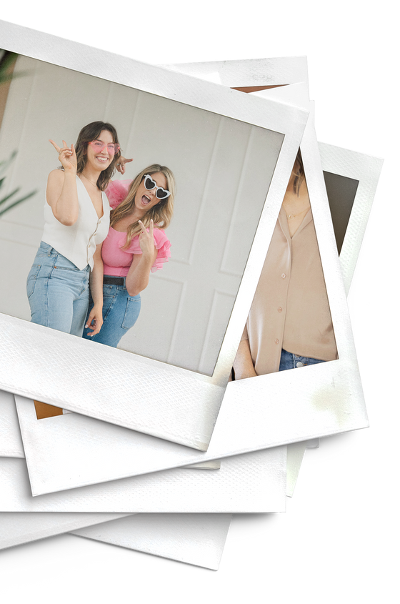 A stack of polaroid pictures of two women standing next to each other.