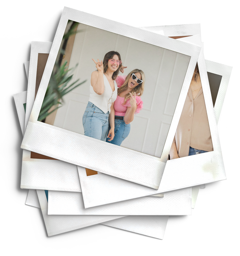 A stack of polaroid pictures of two women standing next to each other