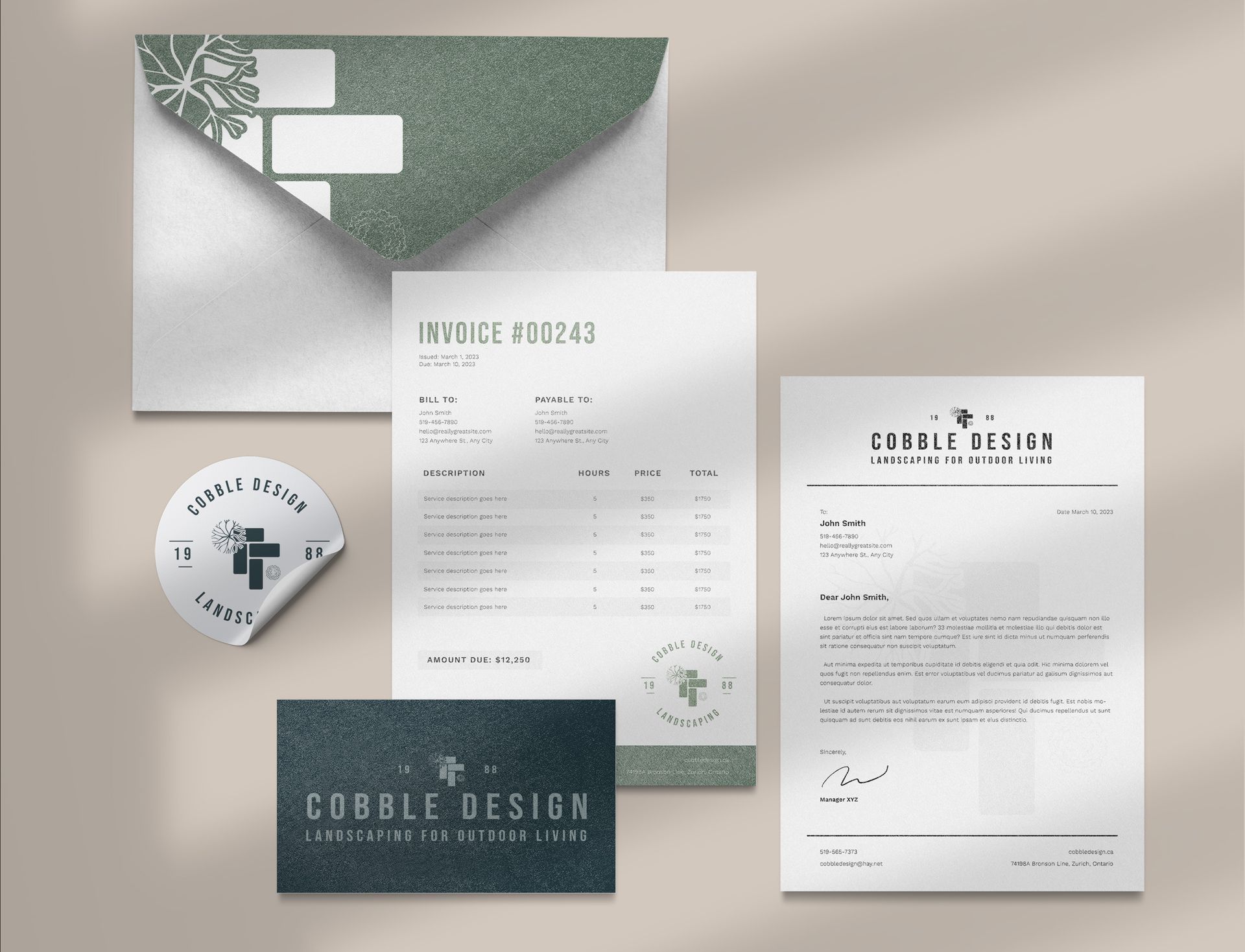 A mockup of a business card , envelope , letterhead , and invoice.