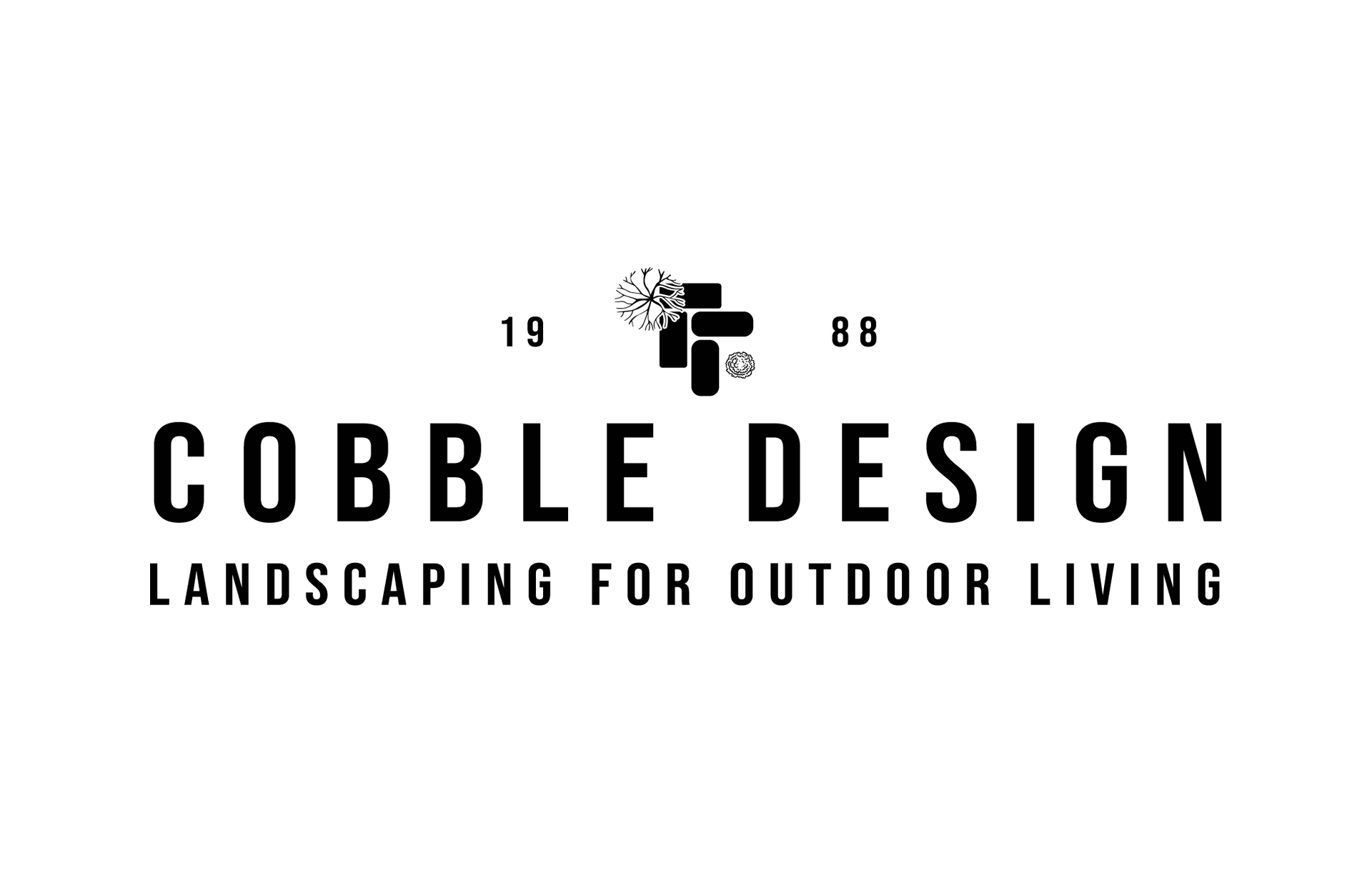 A black and white logo for cobble design landscaping for outdoor living.