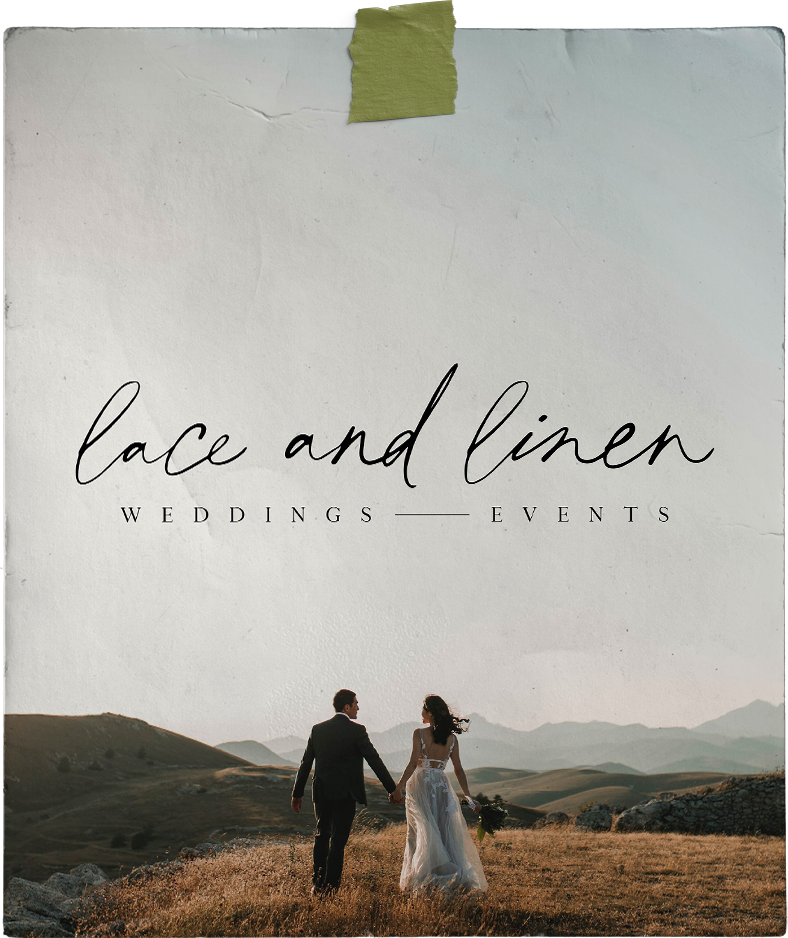 A bride and groom are walking through a field holding hands for photographer logo design