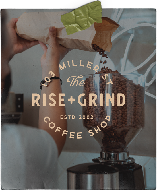 A poster with logo concept for rise and grind coffee shop