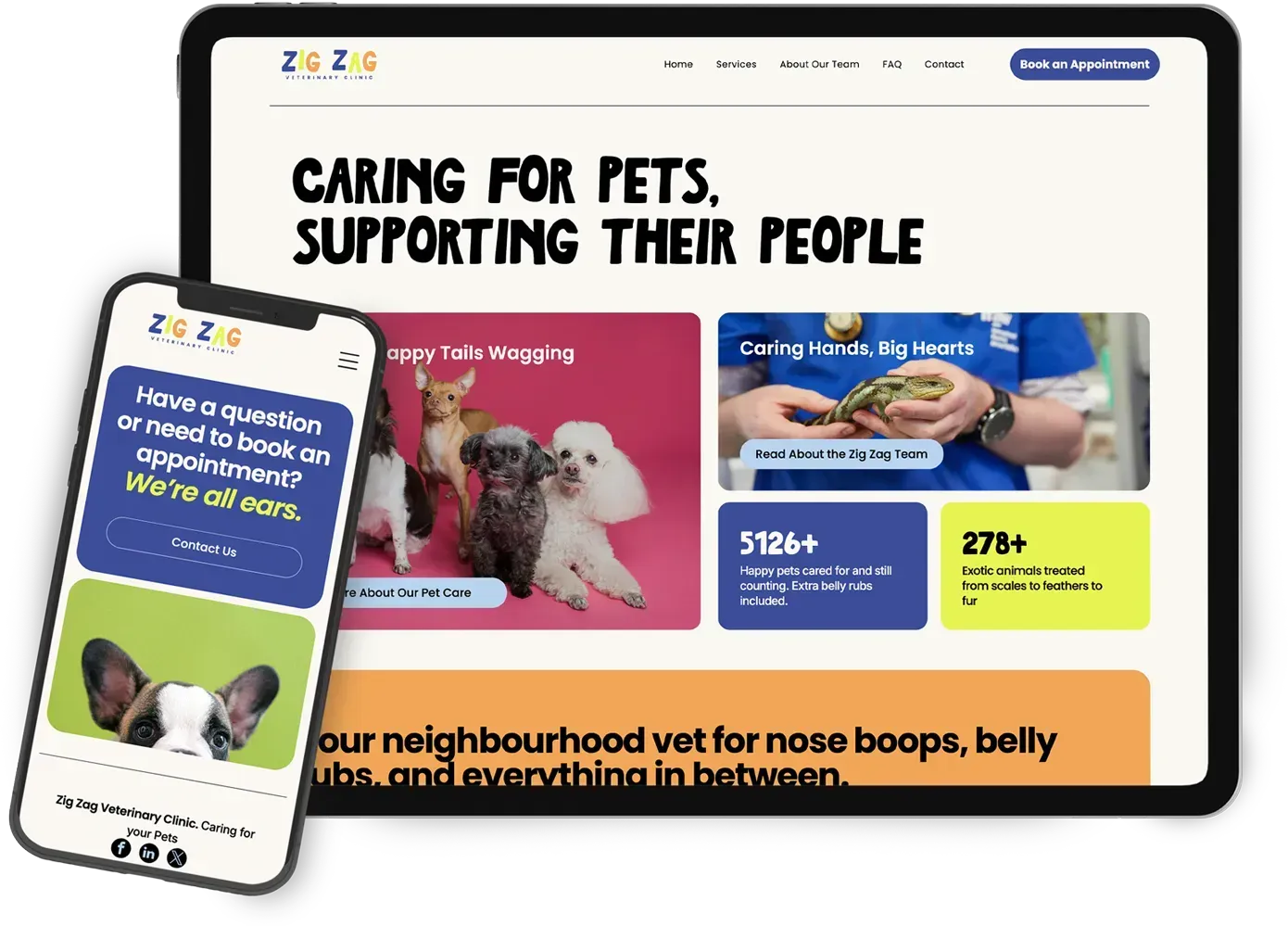 Website on tablet and phone with pet care content.