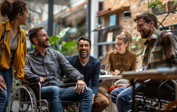 Group of friends laughing together, one in a wheelchair, at an outdoor cafe.