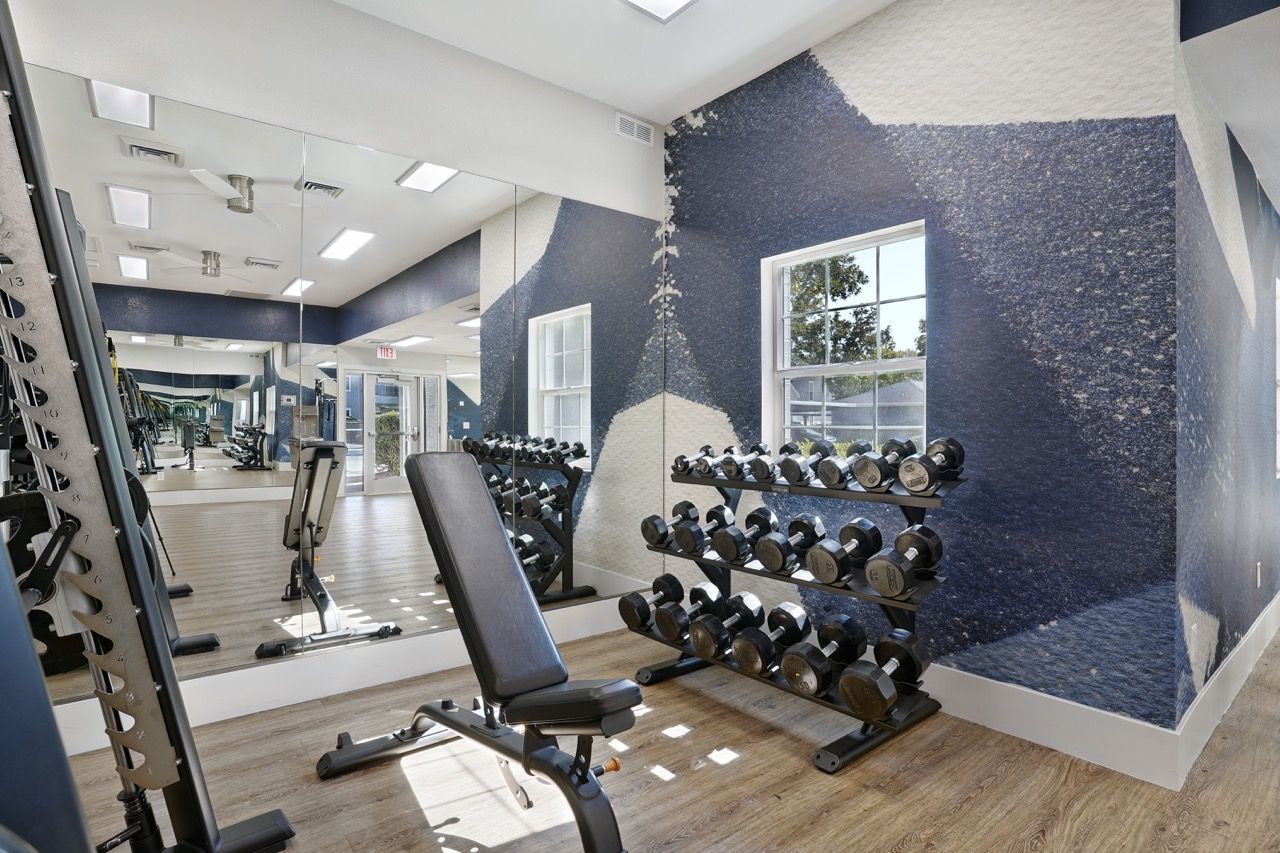 Indoor resident gym with a weight bench, dumbbell rack, and large mirrored wall.