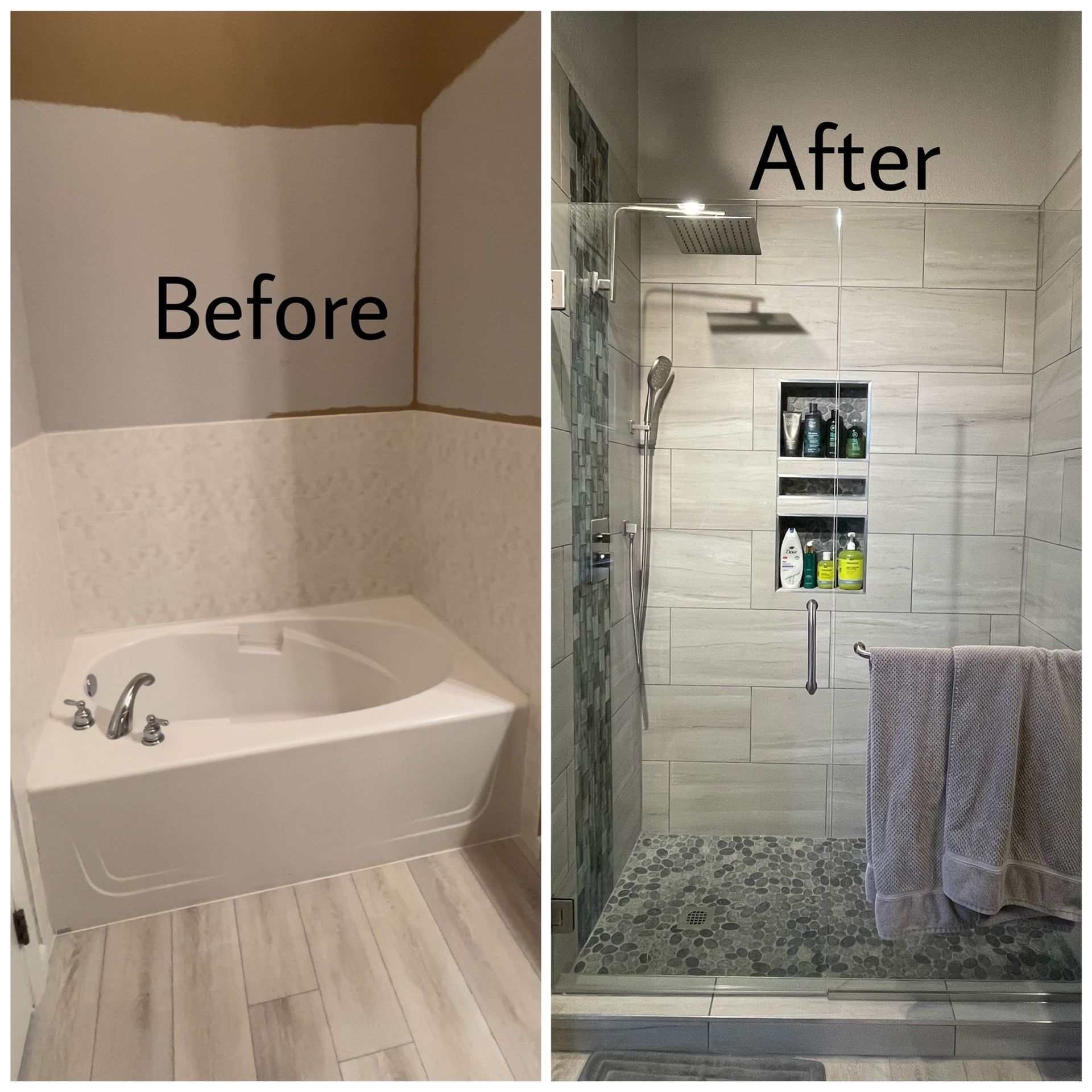 before and after of a tub to shower conversion