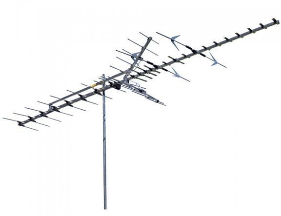 A large Winegard HD7698p antenna is sitting on top of a pole on a white background.