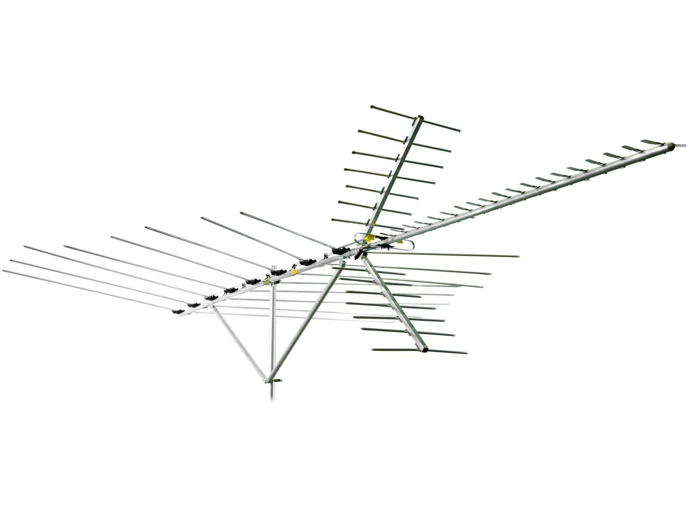 A large antenna is sitting on top of a pole on a white background.